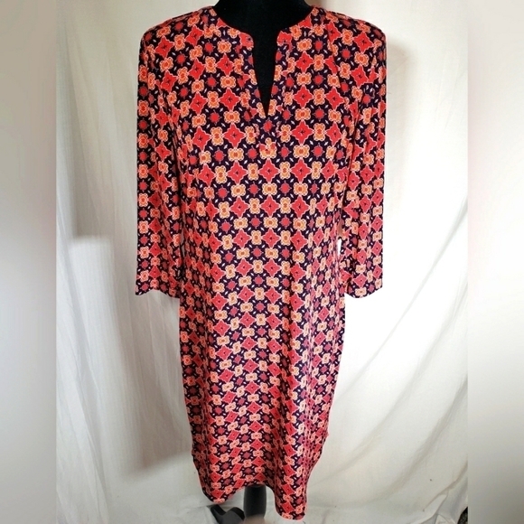 DM Collection Orange and Navy Geometric 3/4th Length Sleeve Dress Sz 10 - Picture 1 of 10